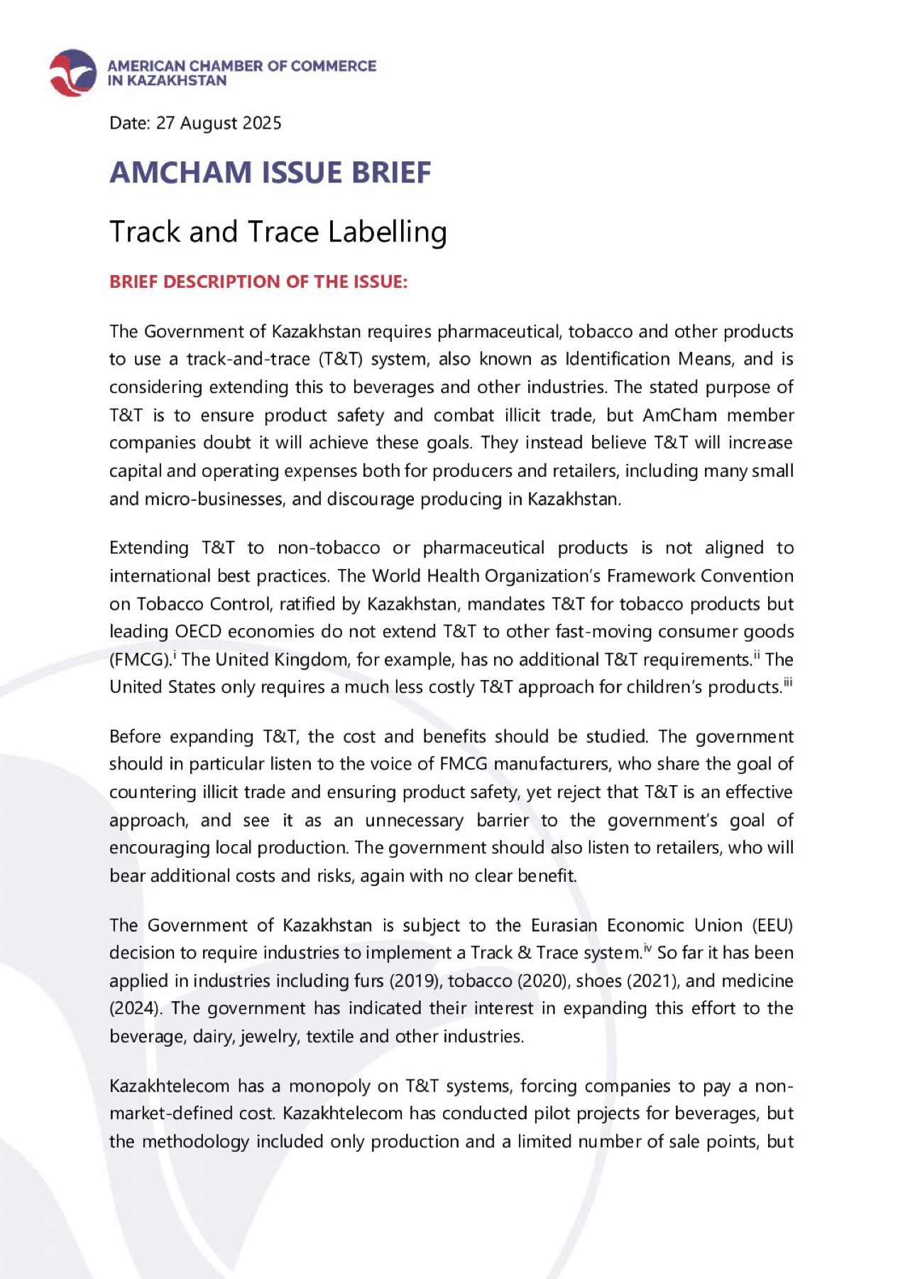 First page of the Track and Trace issue brief in English